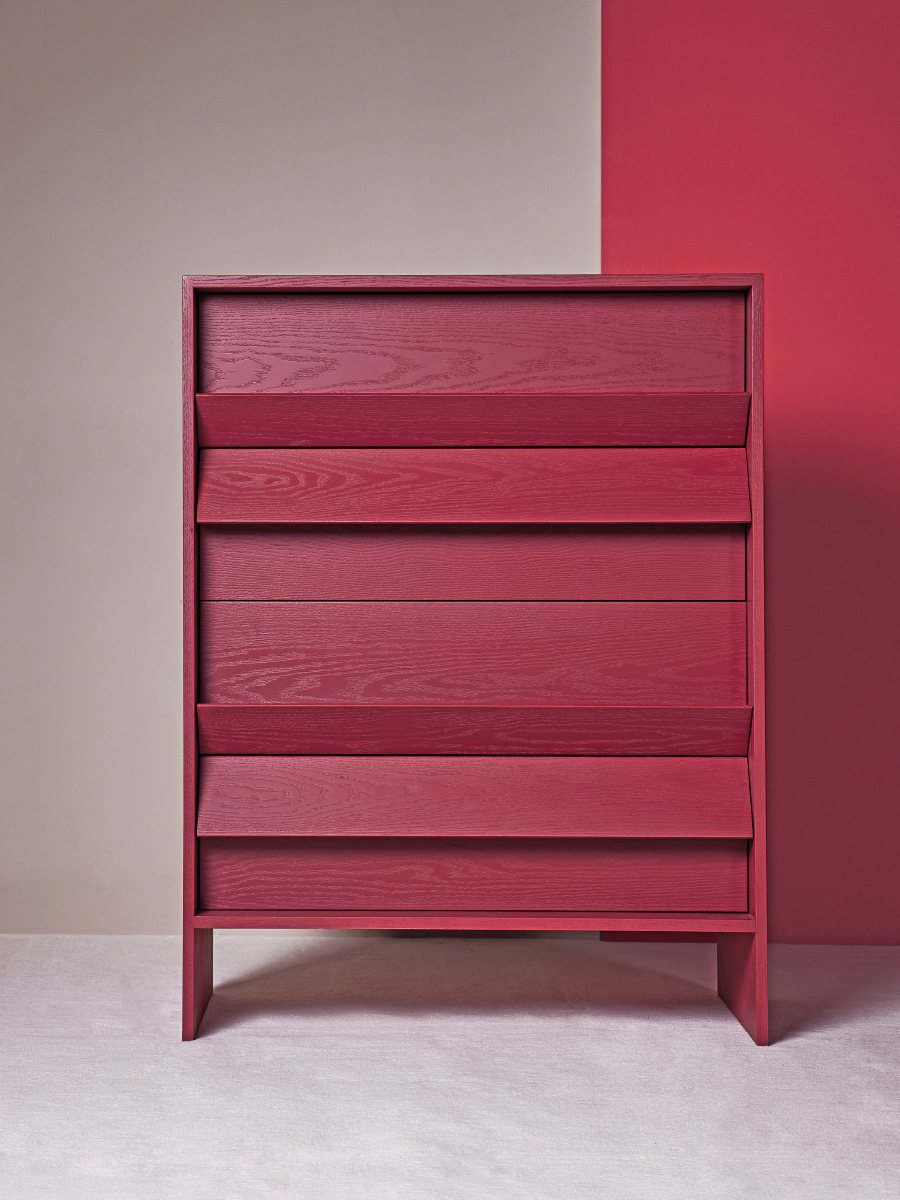 Tilt Chest in deep burgundy, an original MOFOK design, front view in the studio