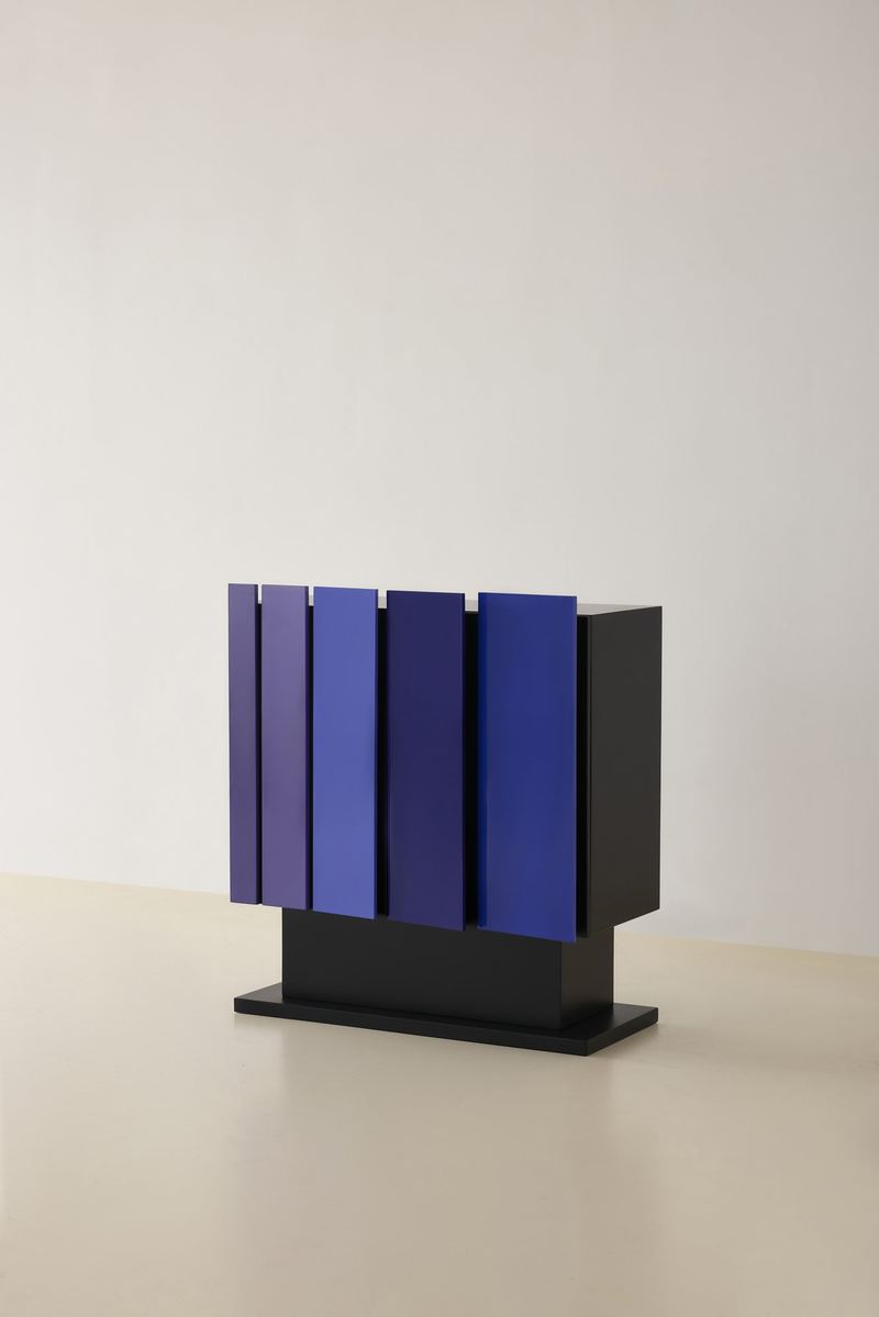 Organ Cabinet in matte black with blue-violet vertical panels, an original MOFOK design